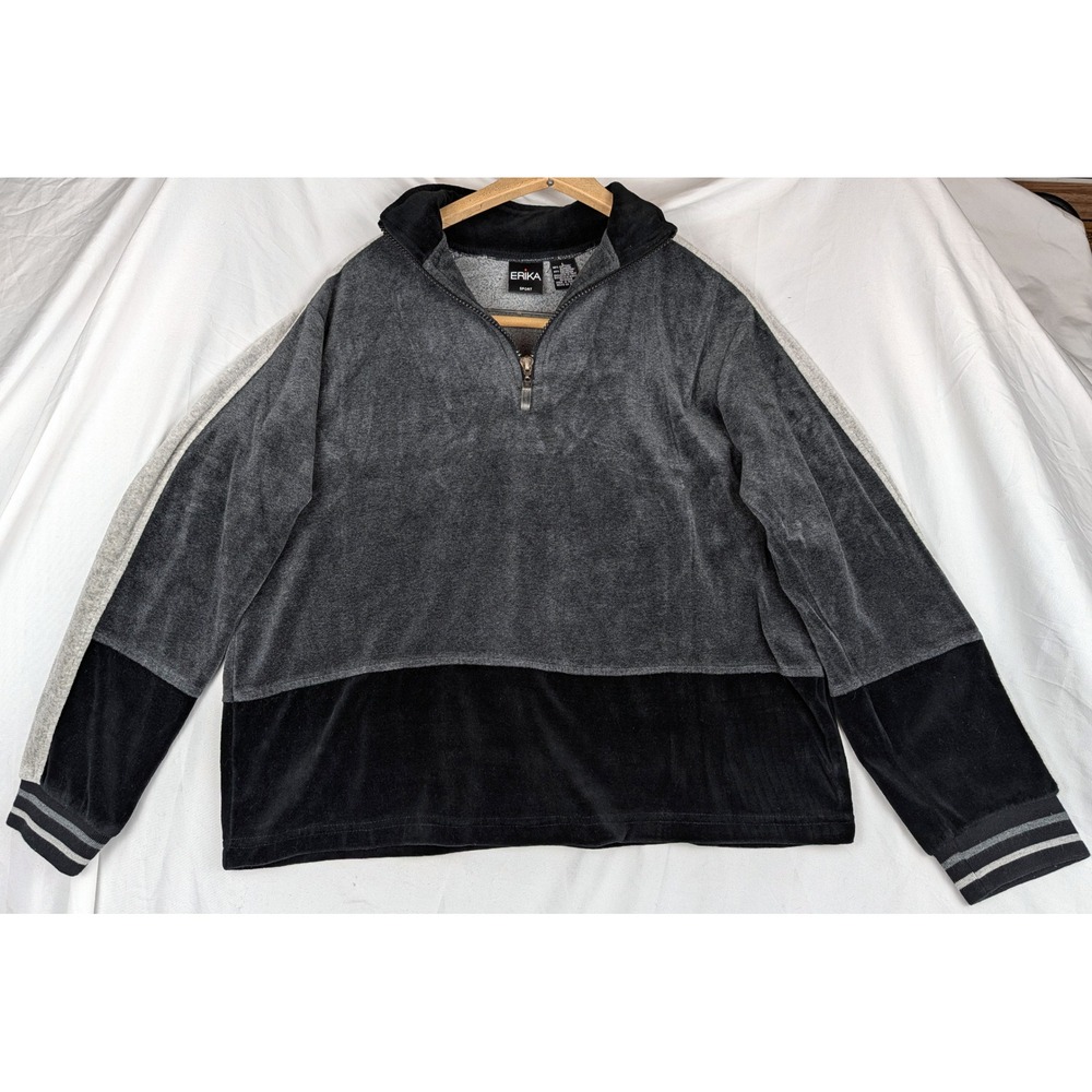 Erika Sport Womens Velour Quarter Zip Pullover Gray Black Colorblock Large